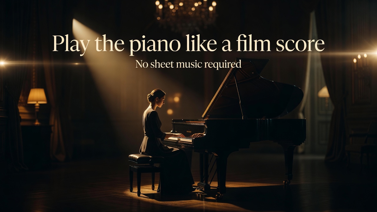 Cinematic scene of a woman at a piano in a dark elegant room lit by warm lamp